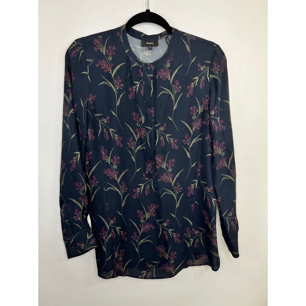 Theory Balkin Silk Blouse Long Sleeve Top Size Small Navy Purple Womens Mandarin